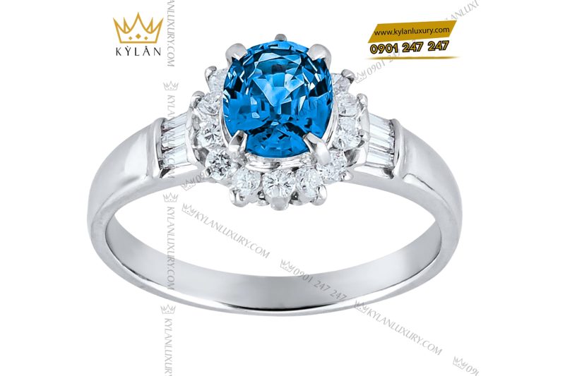 Nhẫn vàng trắng Au750 đính kim cương và đá sapphire xanh