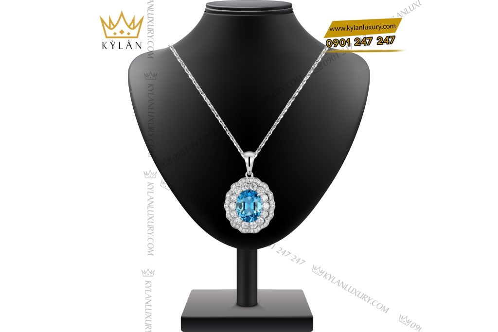 Kỳ Lân Luxury 1 89 Dây chuyền vàng trắng Au750 kim cương và đá Topaz xanh