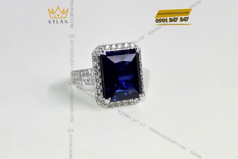 Nhẫn kim cương vàng trắng nguyên khối Au750 đính đá Sapphire xanh