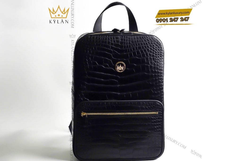 Balo da cá Alligator đen đính logo vương miện KY LAN 