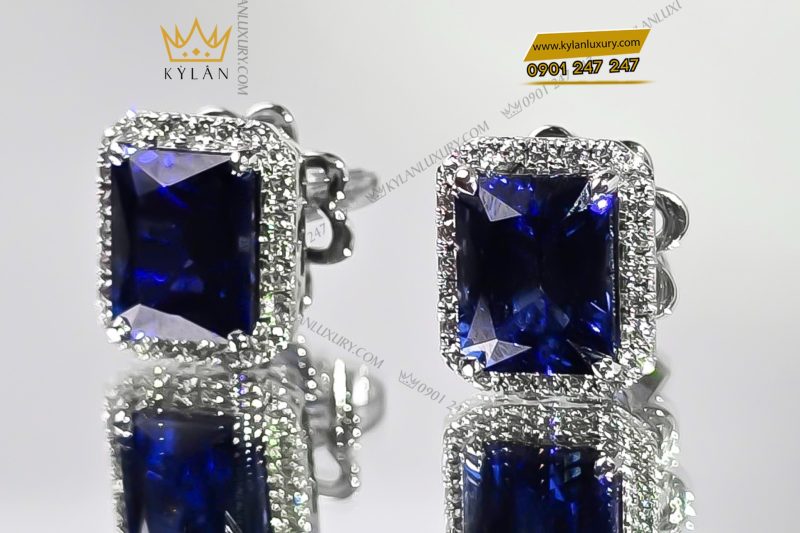 Bông tai kim cương vàng trắng Au750 đính đá Sapphire xanh