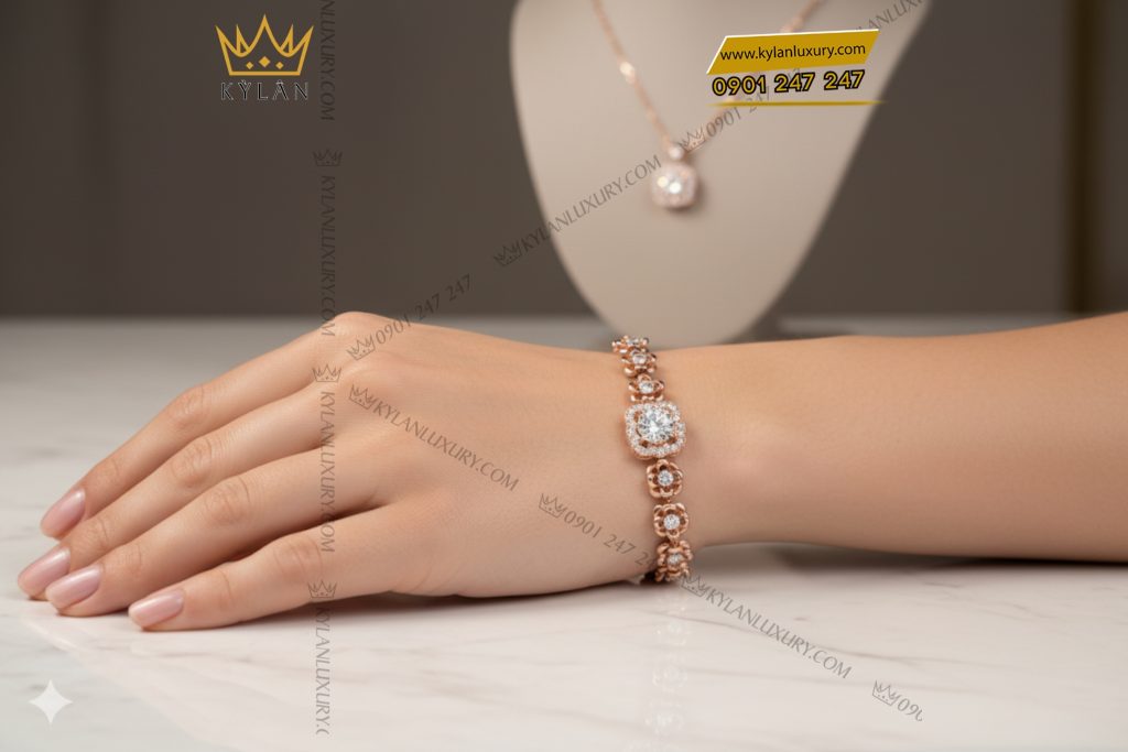 Kỳ Lân Luxury 10 15 Lắc tay nữ vàng hồng nguyên khối Au750 đính kim cương