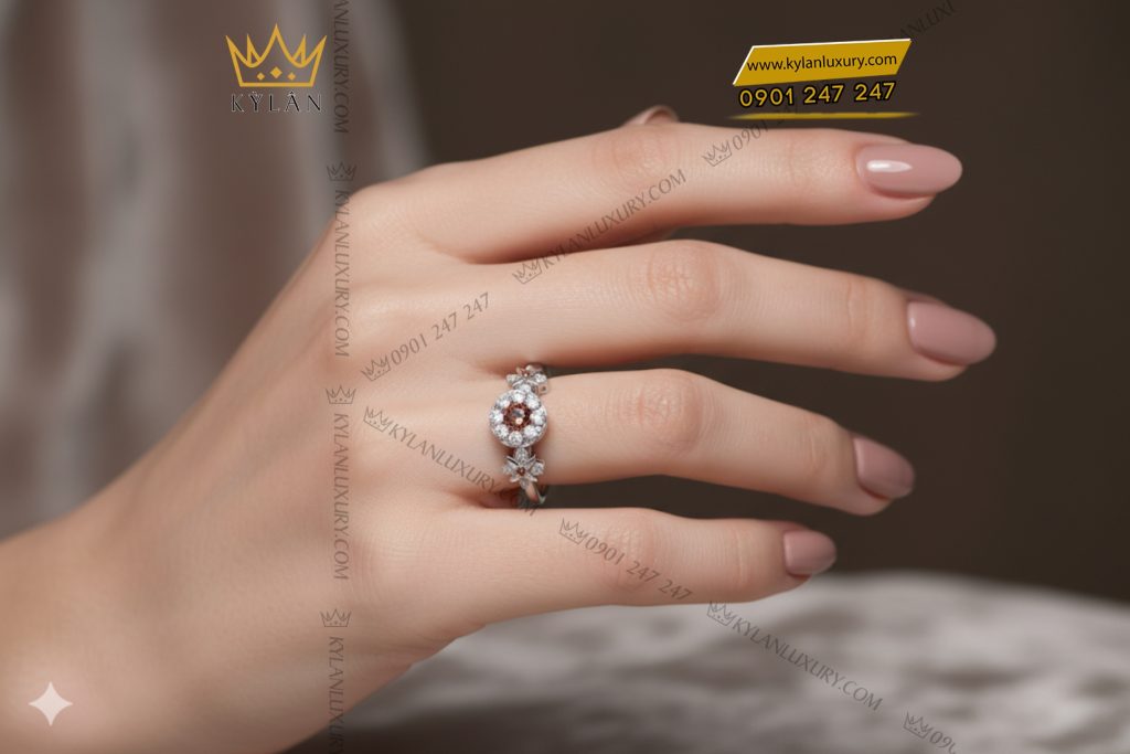 Nhẫn nữ vàng trắng nguyên khối Au750 đính kim cương và đá quý
