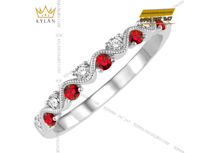 Nhẫn vàng trắng Au750 đính kim cương và sapphire đỏ 