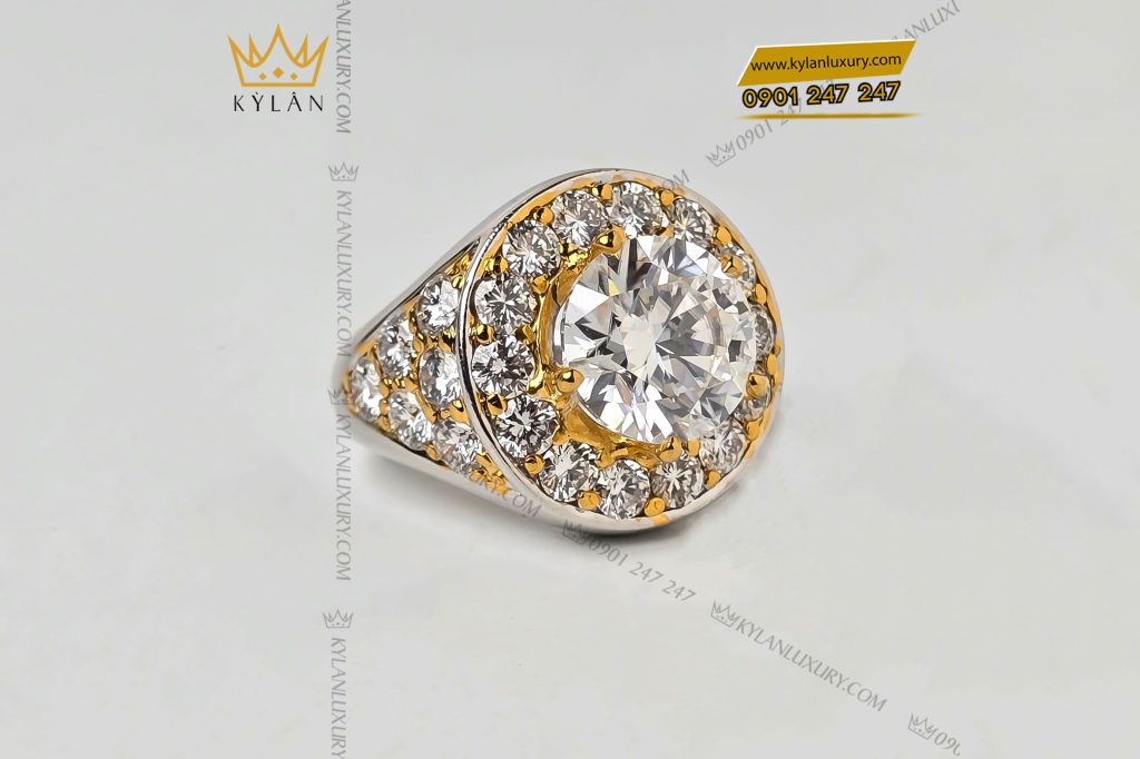 Kỳ Lân Luxury 2 12 Nhẫn nam vàng trắng nguyên khối Au750 đính viên chủ 12ly