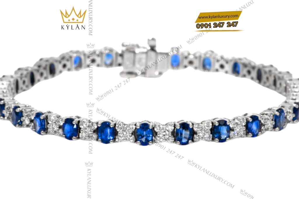 Lắc tay kim cương vàng trắng Au750 đính đá sapphire xanh 