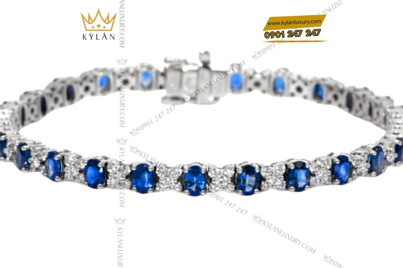 Lắc tay kim cương vàng trắng Au750 đính đá sapphire xanh 