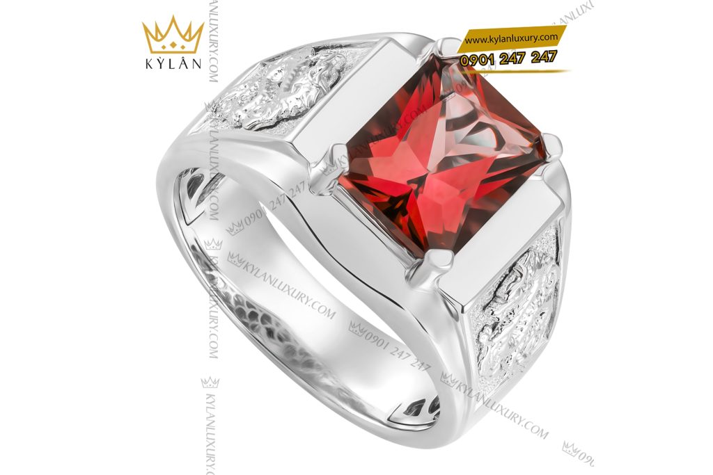 Kỳ Lân Luxury 2 22 Nhẫn nam vàng trắng nguyên khối Au750 đính đá quý đỏ