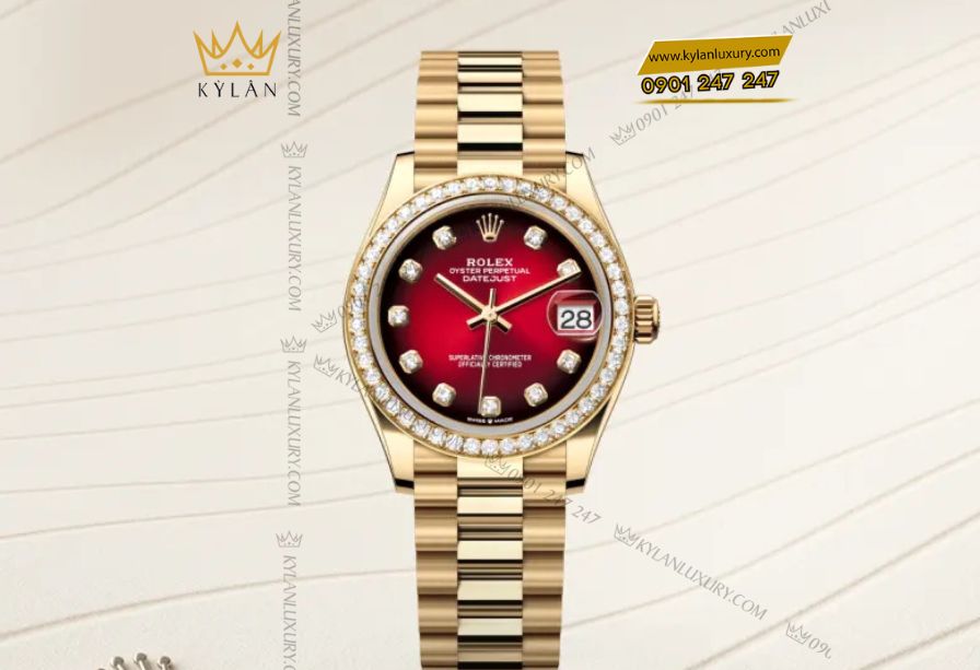 Rolex Datejust 31 Ref. 278288RBR dây đeo President vàng kim 18ct, mối nối bán nguyệt sang trọng, khóa ẩn Crownclasp liền mạch