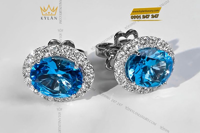 Bông tai kim cương vàng trắng nguyên khối Au750 đính đá Topaz xanh