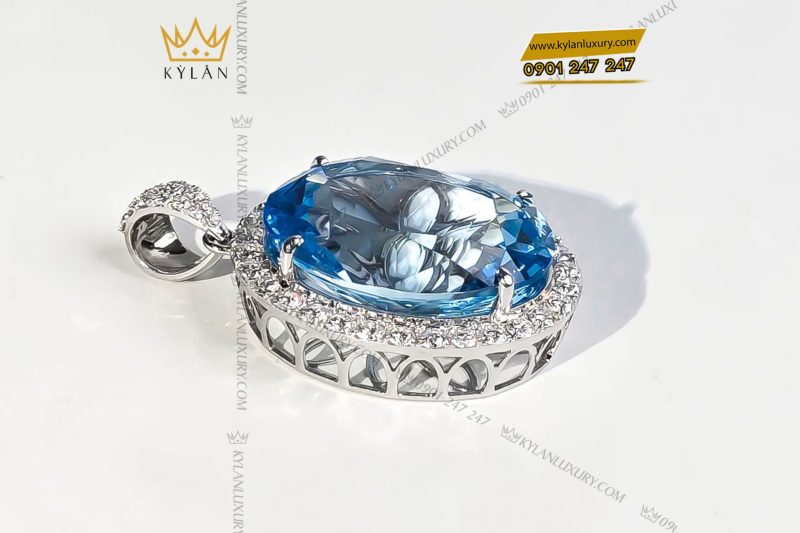 Mặt dây chuyền kim cương vàng trắng nguyên khối Au750 đính đá Topaz xanh