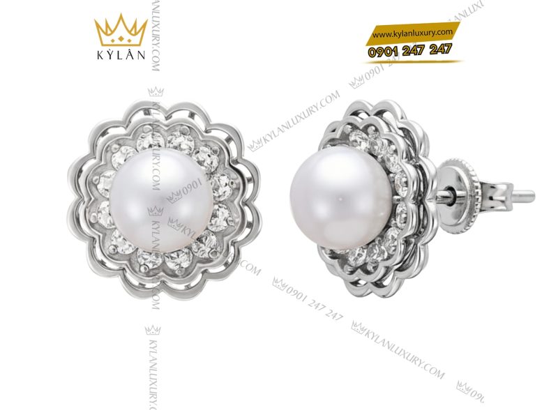 Bông tai Ngọc Trai vàng trắng Au750 đính kim cương