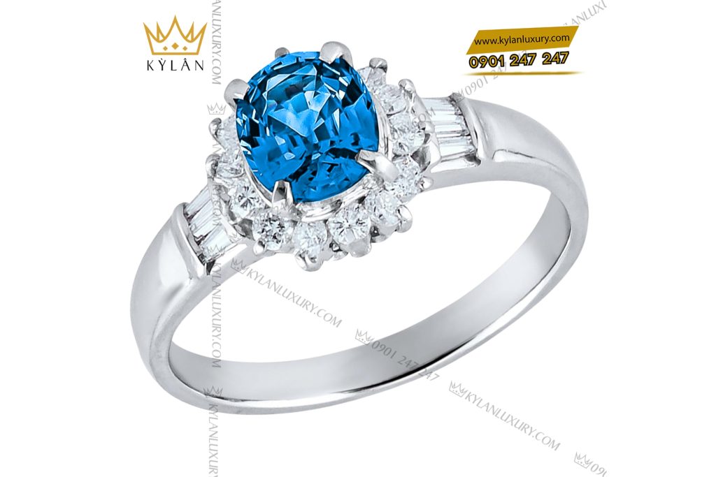 Kỳ Lân Luxury 2 92 Nhẫn vàng trắng Au750 đính kim cương và đá sapphire xanh