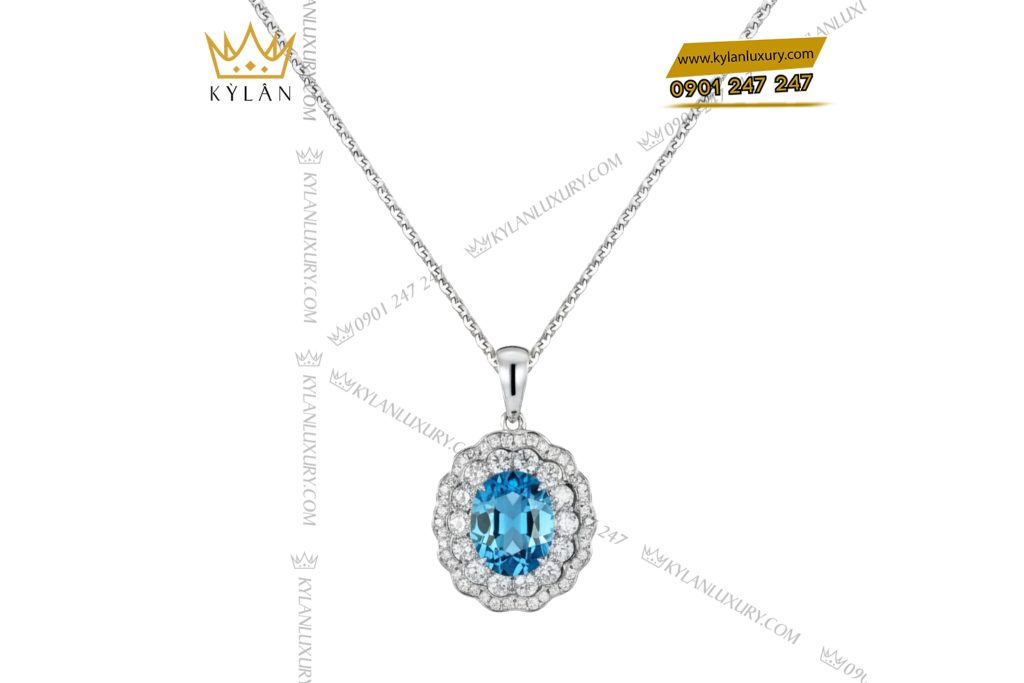 Dây chuyền vàng trắng Au750 kim cương và đá Topaz xanh