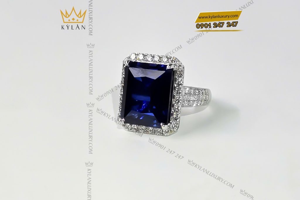 Nhẫn kim cương vàng trắng nguyên khối Au750 đính đá Sapphire xanh