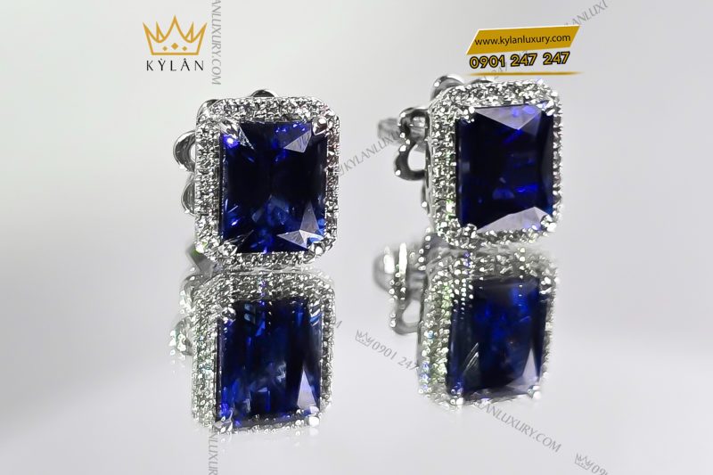 Bông tai kim cương vàng trắng Au750 đính đá Sapphire xanh