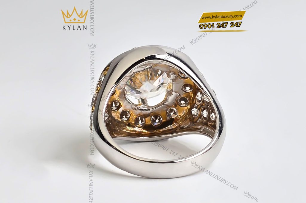 Kỳ Lân Luxury 3 12 Nhẫn nam vàng trắng nguyên khối Au750 đính viên chủ 12ly