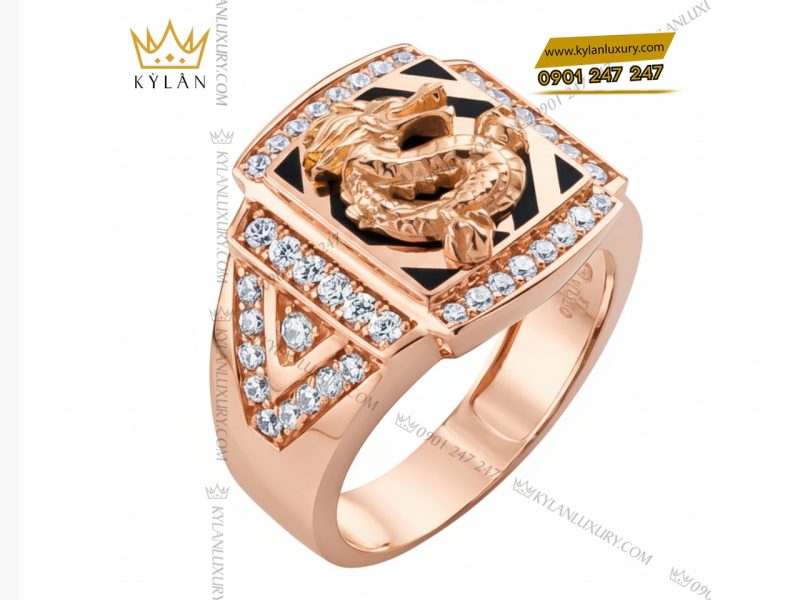 Nhẫn nam Kim Long Vượng Khí vàng hồng Au750 đính kim cương 