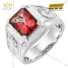 Nhẫn nam vàng trắng nguyên khối Au750 đính đá quý đỏ