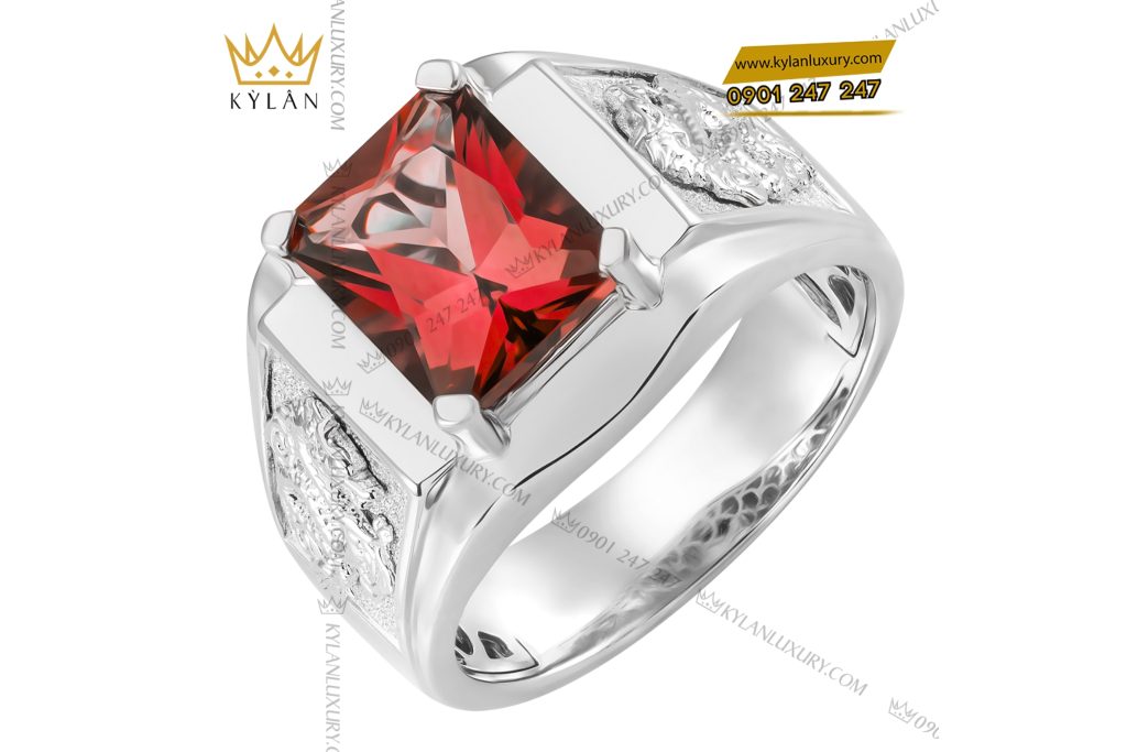 Kỳ Lân Luxury 3 22 Nhẫn nam vàng trắng nguyên khối Au750 đính đá quý đỏ