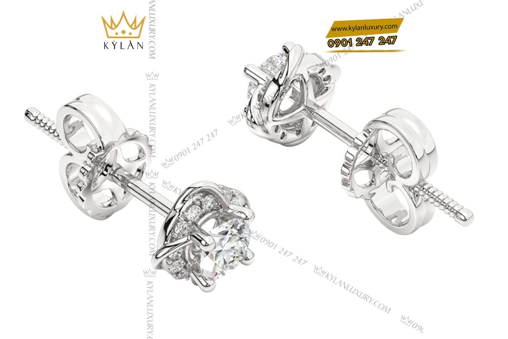Kỳ Lân Luxury 3 23 Bông tai vàng trắng nguyên khối Au750 đính kim cương