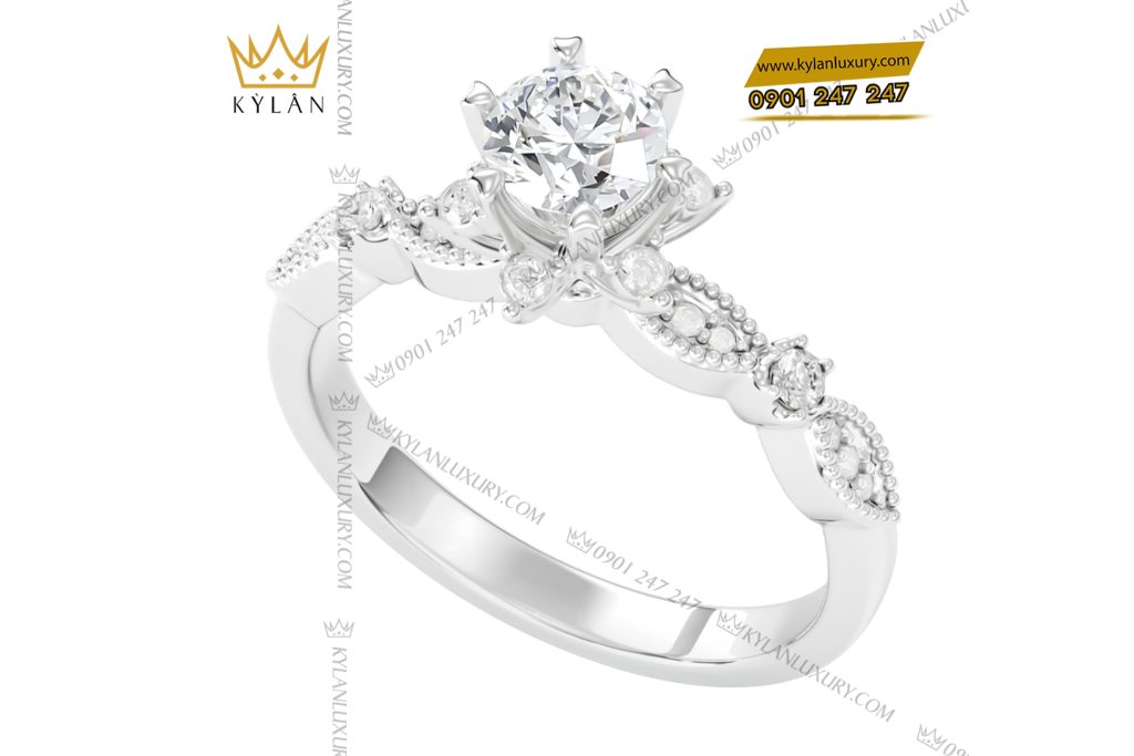 Kỳ Lân Luxury 3 24 Nhẫn nữ vàng trắng nguyên khối Au750 đính kim cương