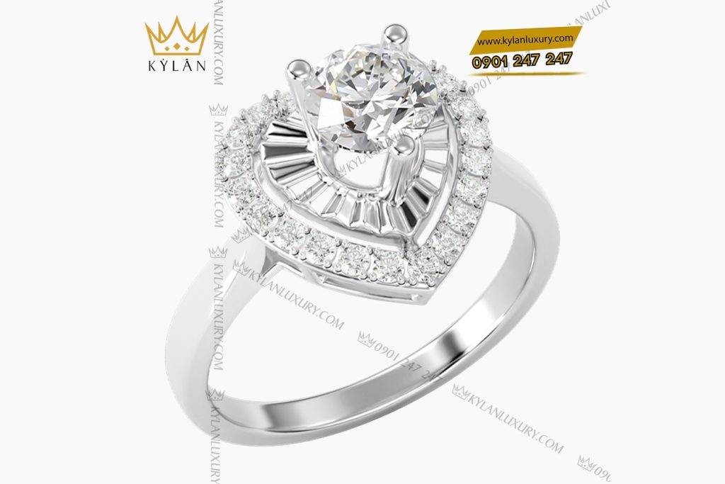 Kỳ Lân Luxury 3 28 Nhẫn trái tim vàng trắng nguyên khối Au750 đính kim cương