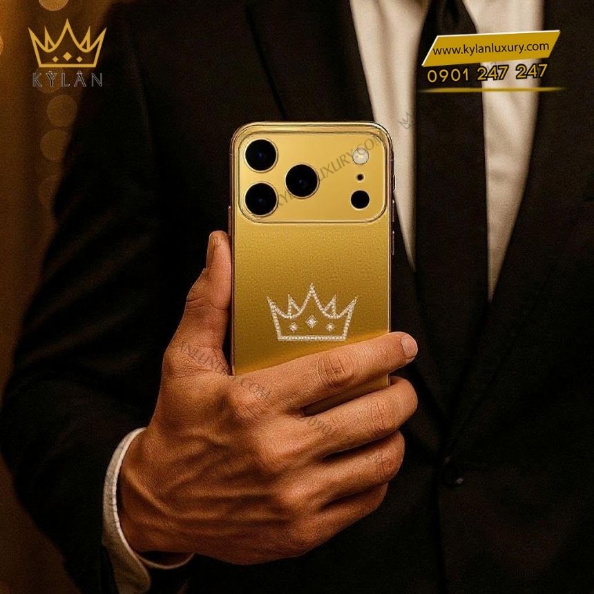 Kỳ Lân Luxury 3 41 Điện thoại iPhone 17 Pro Max custom vàng nguyên khối nạm kim cương vương miện