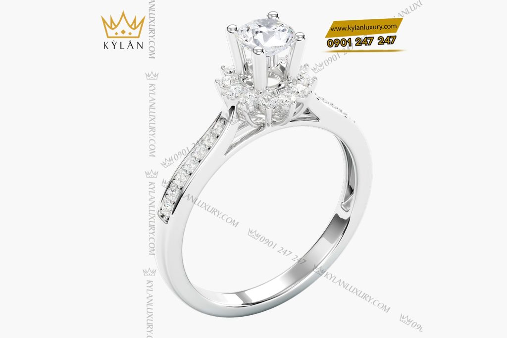 Kỳ Lân Luxury 3 44 Nhẫn nữ vàng trắng nguyên khối Au750 đính kim cương