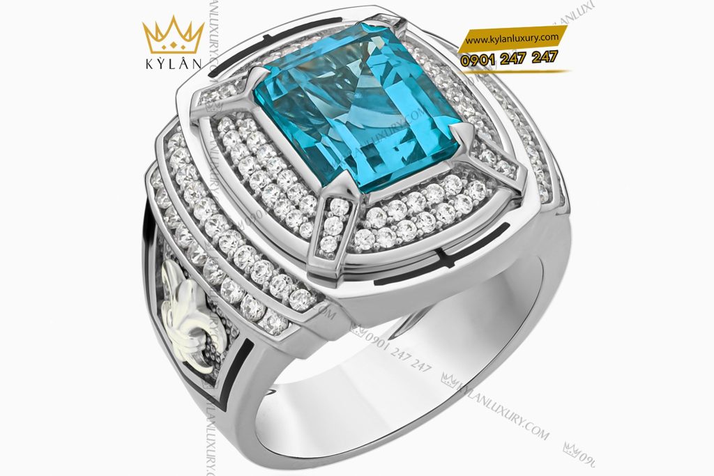 Kỳ Lân Luxury 3 5 Nhẫn nam vàng trắng nguyên khối Au750 đính kim cương và đá quý