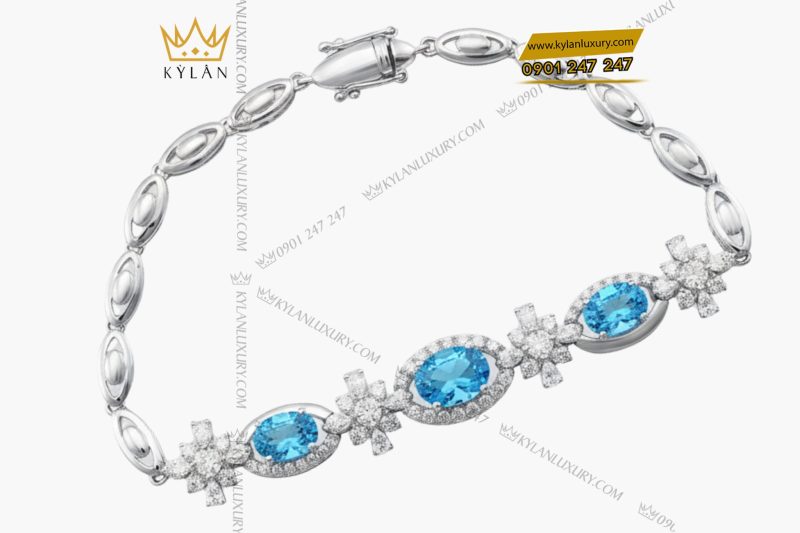 Lắc tay vàng trắng nguyên khối Au750 đính kim cương và đá quý