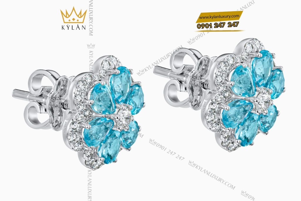 Kỳ Lân Luxury 3 6 Bông tai Hoa Tuyết Xanh vàng trắng nguyên khối Au750 đính kim cương và đá quý
