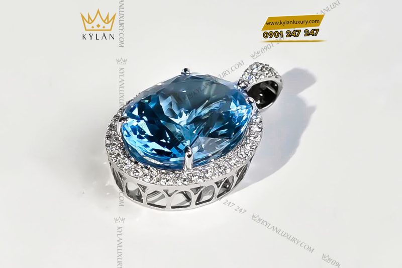 Mặt dây chuyền kim cương vàng trắng nguyên khối Au750 đính đá Topaz xanh