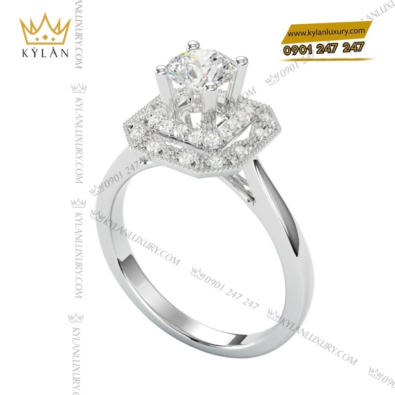 Nhẫn kim cương vàng trắng nguyên khối Au750 