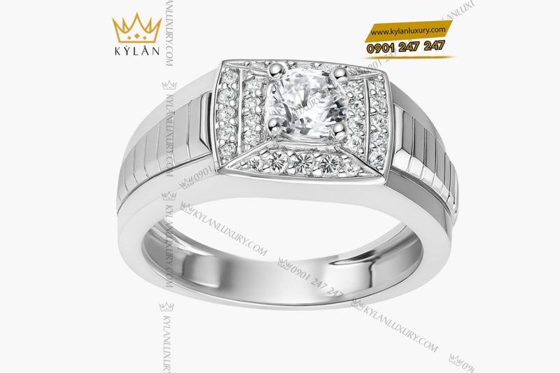 Nhẫn nam vàng trắng nguyên khối Au750 đính kim cương