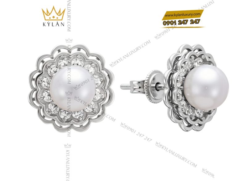 Bông tai Ngọc Trai vàng trắng Au750 đính kim cương