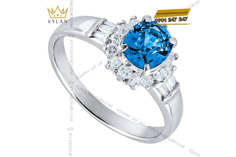 Nhẫn vàng trắng Au750 đính kim cương và đá sapphire xanh
