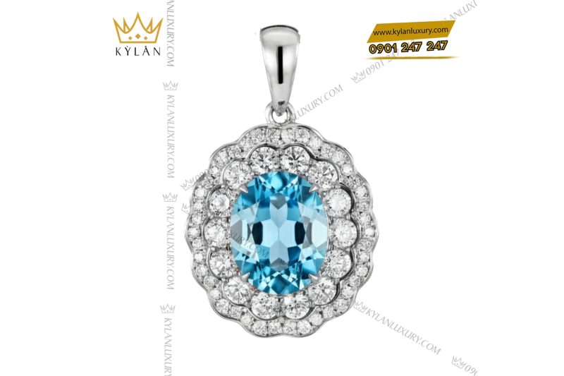Dây chuyền vàng trắng Au750 kim cương và đá Topaz xanh