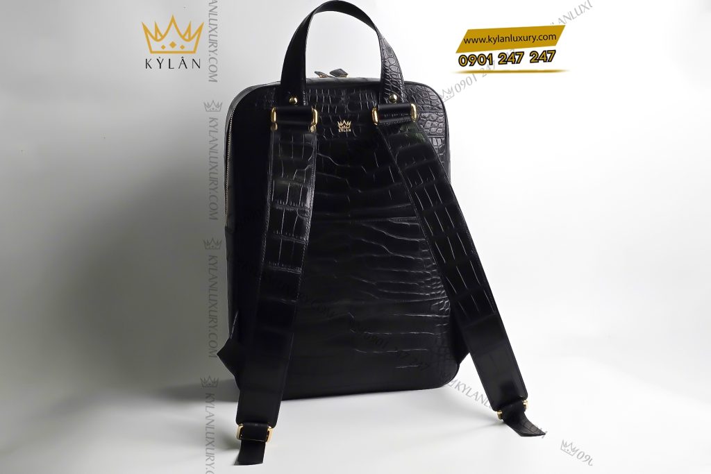 Kỳ Lân Luxury 3 95 Balo da cá Alligator đen đính logo vương miện KY LAN 