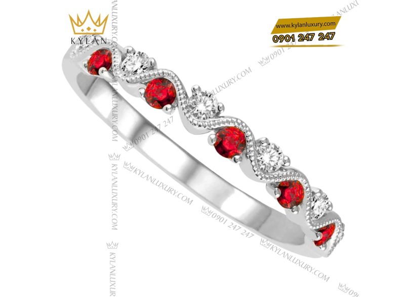 Nhẫn vàng trắng Au750 đính kim cương và sapphire đỏ 