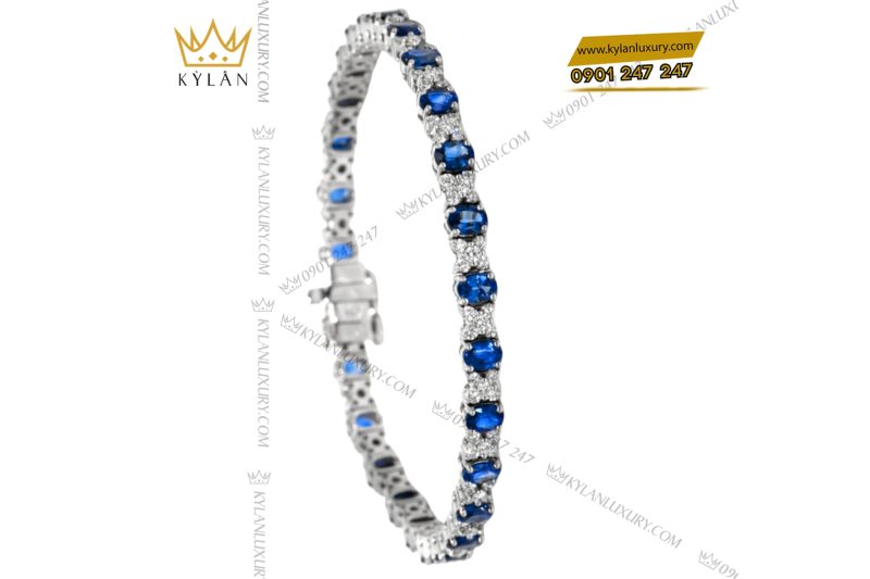 Lắc tay kim cương vàng trắng Au750 đính đá sapphire xanh 