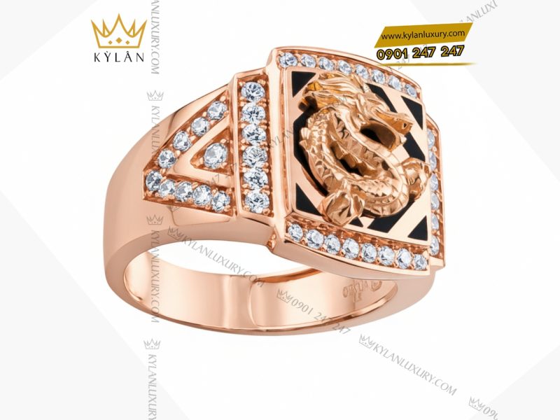 Nhẫn nam Kim Long Vượng Khí vàng hồng Au750 đính kim cương 