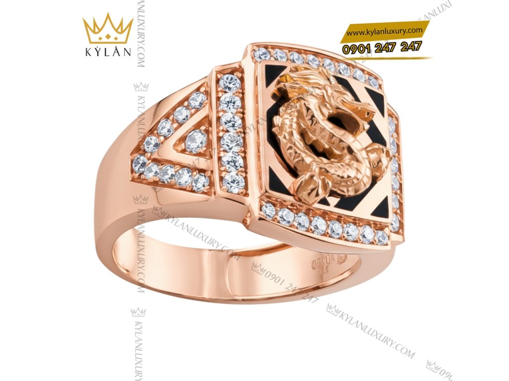 Nhẫn nam Kim Long Vượng Khí vàng hồng Au750 đính kim cương 