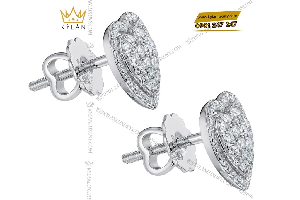 Kỳ Lân Luxury 4 18 Bông tai vàng trắng nguyên khối Au750 đính kim cương hình trái tim