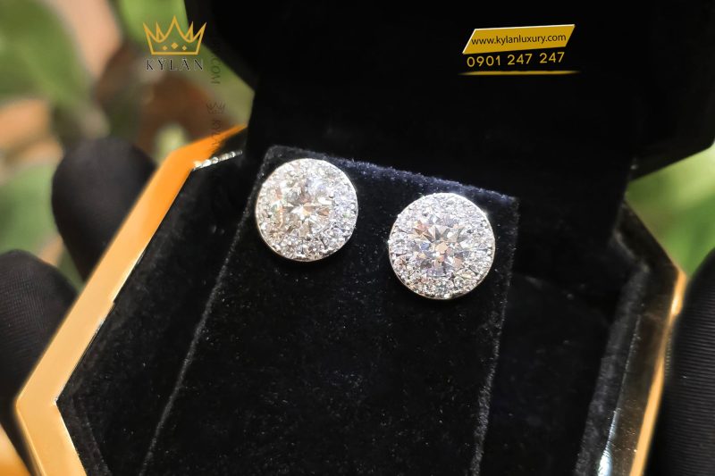 Cặp bông tai vàng trắng nguyên khối Au750 đính viên chủ kim cương 7ly5