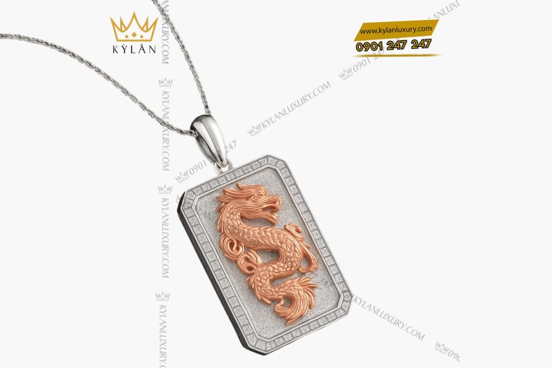 Dây chuyền Long Vượng vàng trắng nguyên khối Au750 đính kim cương