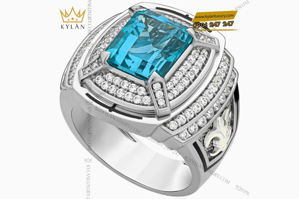Nhẫn nam vàng trắng nguyên khối Au750 đính kim cương và đá quý