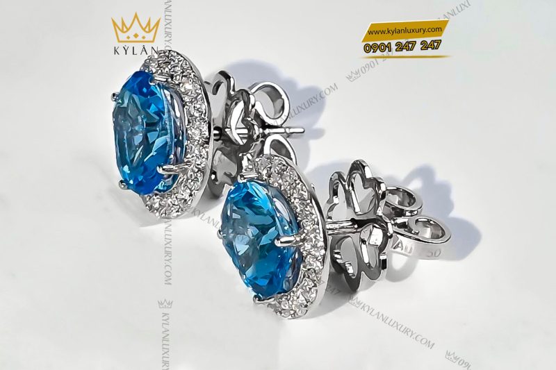 Bông tai kim cương vàng trắng nguyên khối Au750 đính đá Topaz xanh