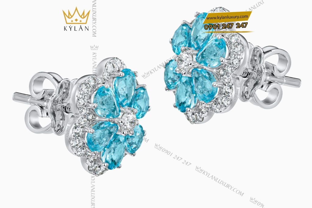 Kỳ Lân Luxury 4 6 Bông tai Hoa Tuyết Xanh vàng trắng nguyên khối Au750 đính kim cương và đá quý