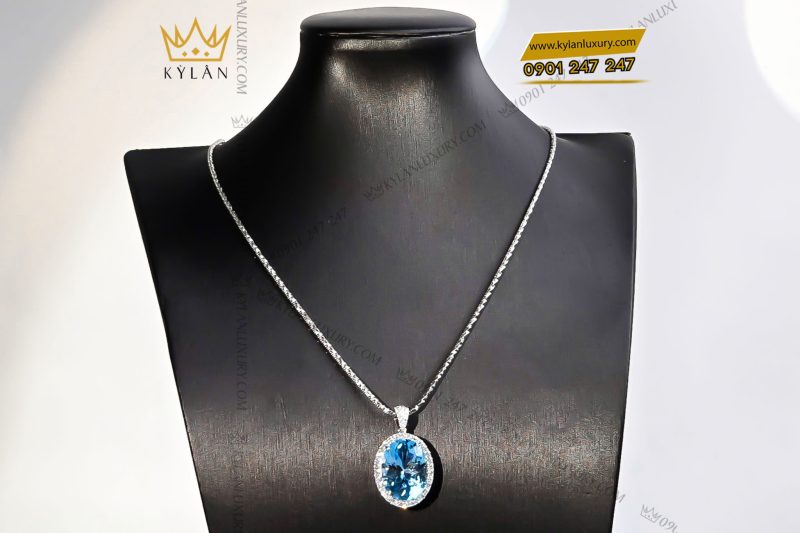 Mặt dây chuyền kim cương vàng trắng nguyên khối Au750 đính đá Topaz xanh